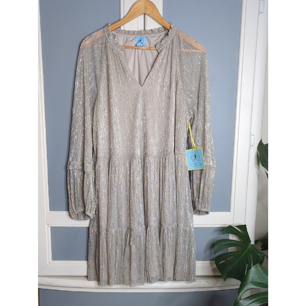 CeCe Metallic Champagne Tiered Long-Sleeve V-Neck Dress XL